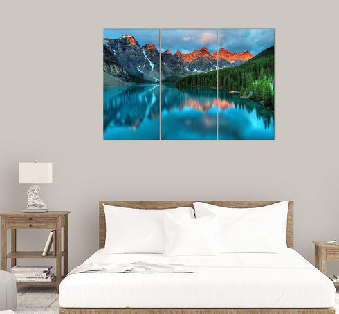 Sunset Morain Lake and Mountain Range Alberta Canada Landscape Wall Art in Water Canvas Painting